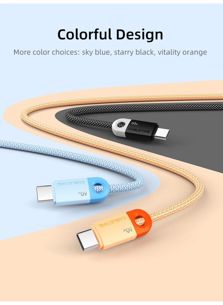كابل تايم كابل شحن سريع مضفر USB-C إلى USB-C بقدرة 60 واط، يدعم تقنية الشحن السريع PD بقدرة 60 واط و3 أمبير، متوافق مع أجهزة iPhone 15/16 Pro Max وSamsung Galaxy S24/S23 وGoogle Pixel وiPad Pro/Air وMacBook واللابتوب - مصنوع من النايلون المتين لنقل البيانات. - Image 3